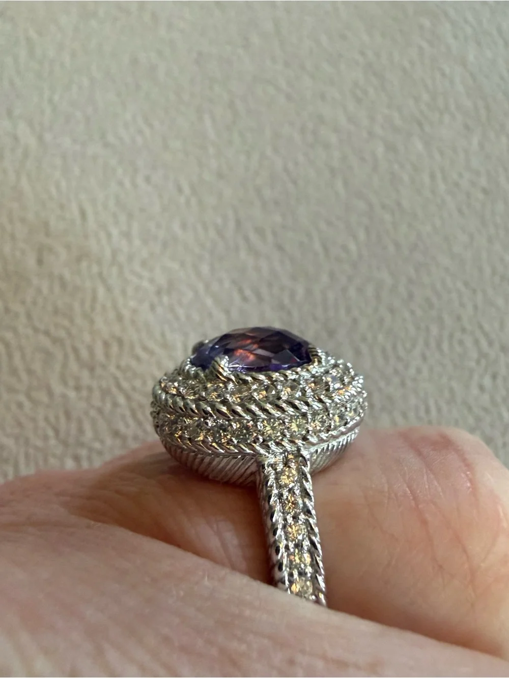 Judith Ripka Size 5 Amethyst Sterling Silver Ring with CZ Pavé Halo - Picture 3 of 6